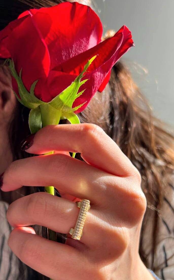 18K Gold Plated bar ring, pave ring, 925 Sterling Silver, Letter ring, Cocktail Ring, anniversary gift, minimalist, engagement ring