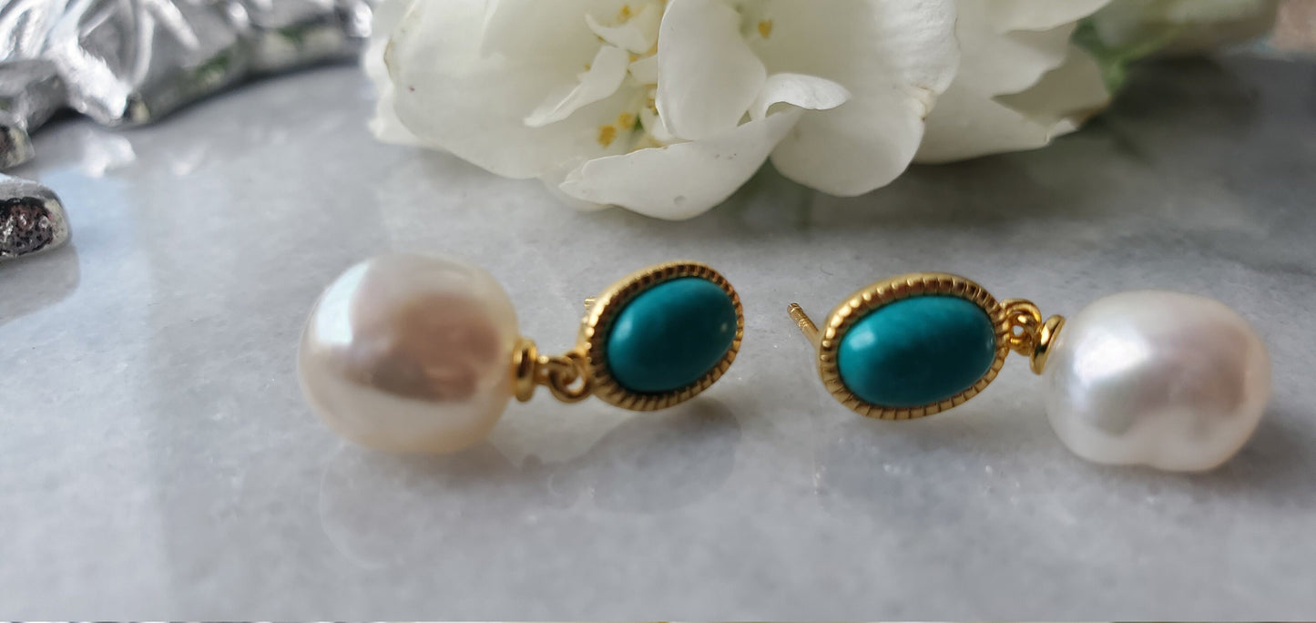 14K Gold Plated pearl and Turquoise earrings, anniversary gift, gemstone, turquoise earrings, stud earrings, 0.75ct Turquoise