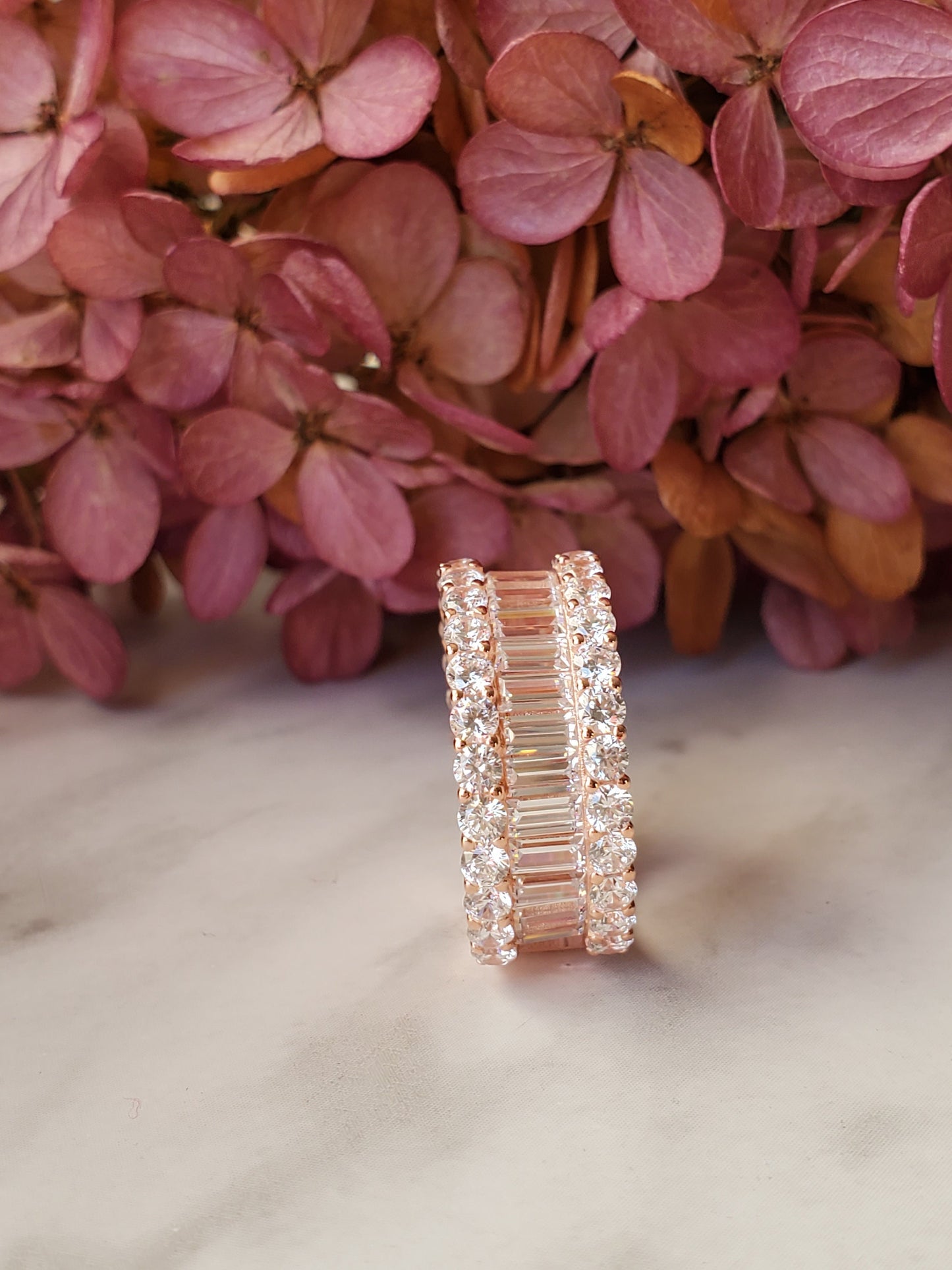 3 row wedding band, Baguette and round band, rose gold wedding band plated, simulated diamond wedding band,wedding jewelry, baguette round