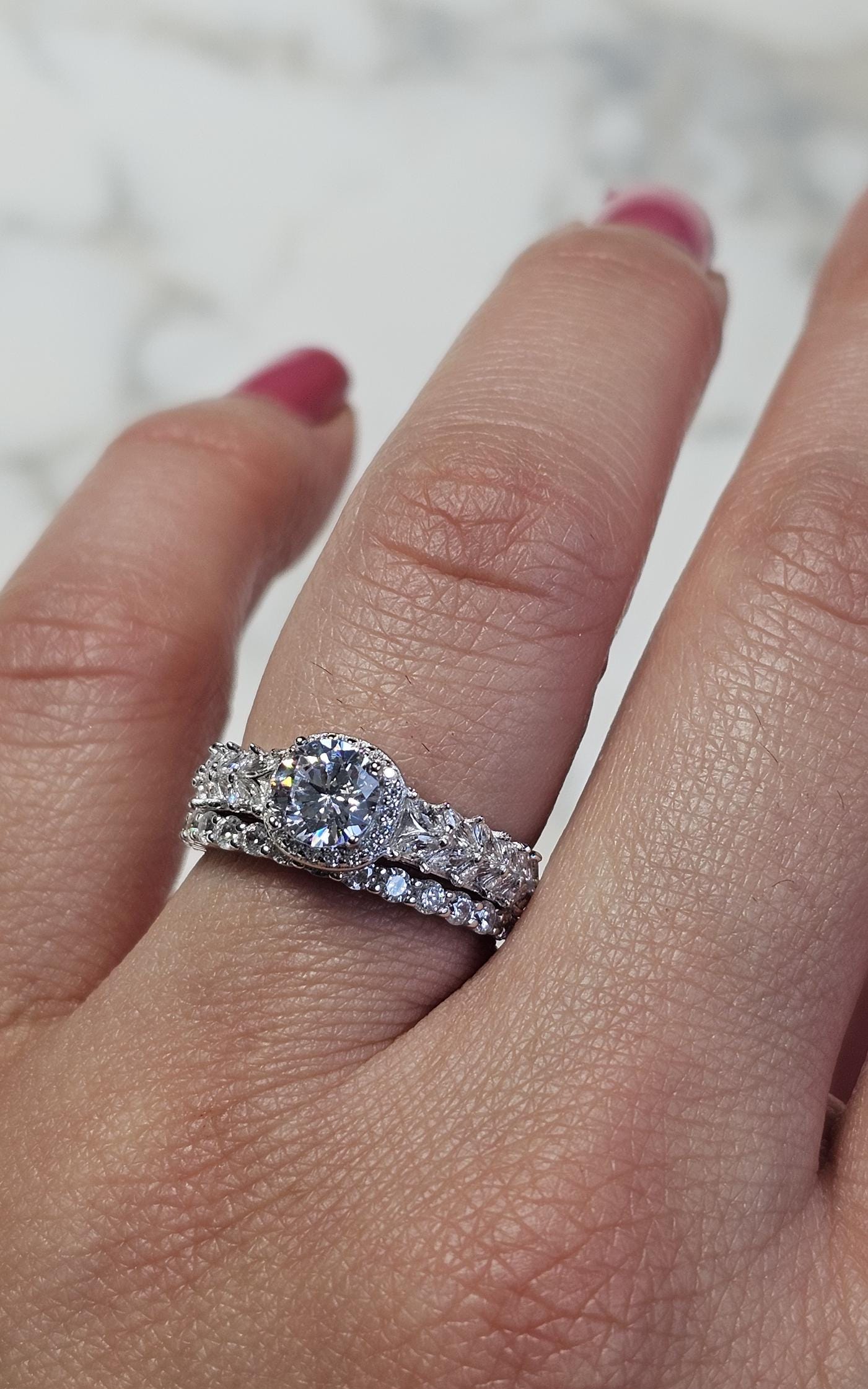 0.50ct round halo cz ring, marquise ring, Dainty stackable, engagement ring, wedding set ring ,two piece ring, half eternity ring