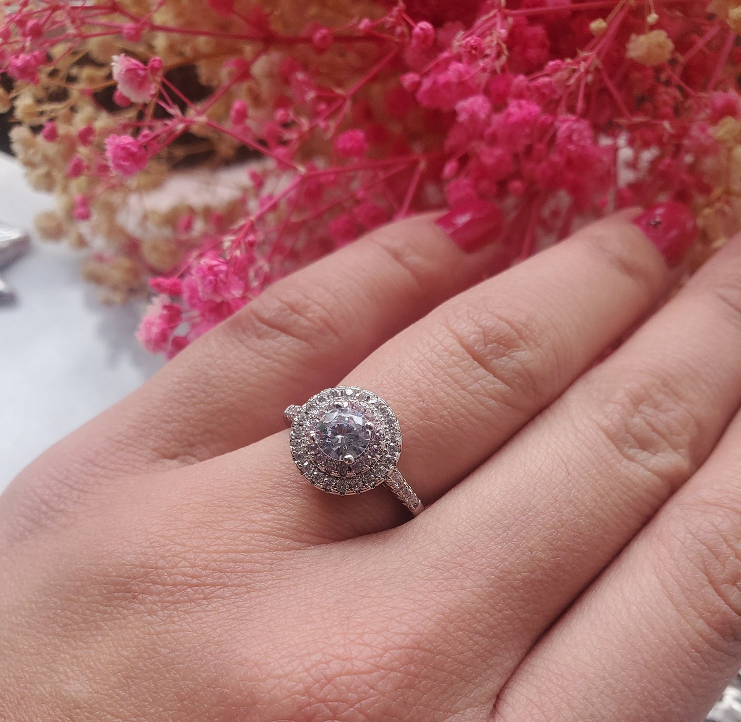 0.5 ct round ring, solitaire ring, engagement ring, stackable ring, 18k gold plated, 2rows halo pink tourmaline and cz ,fancy ring