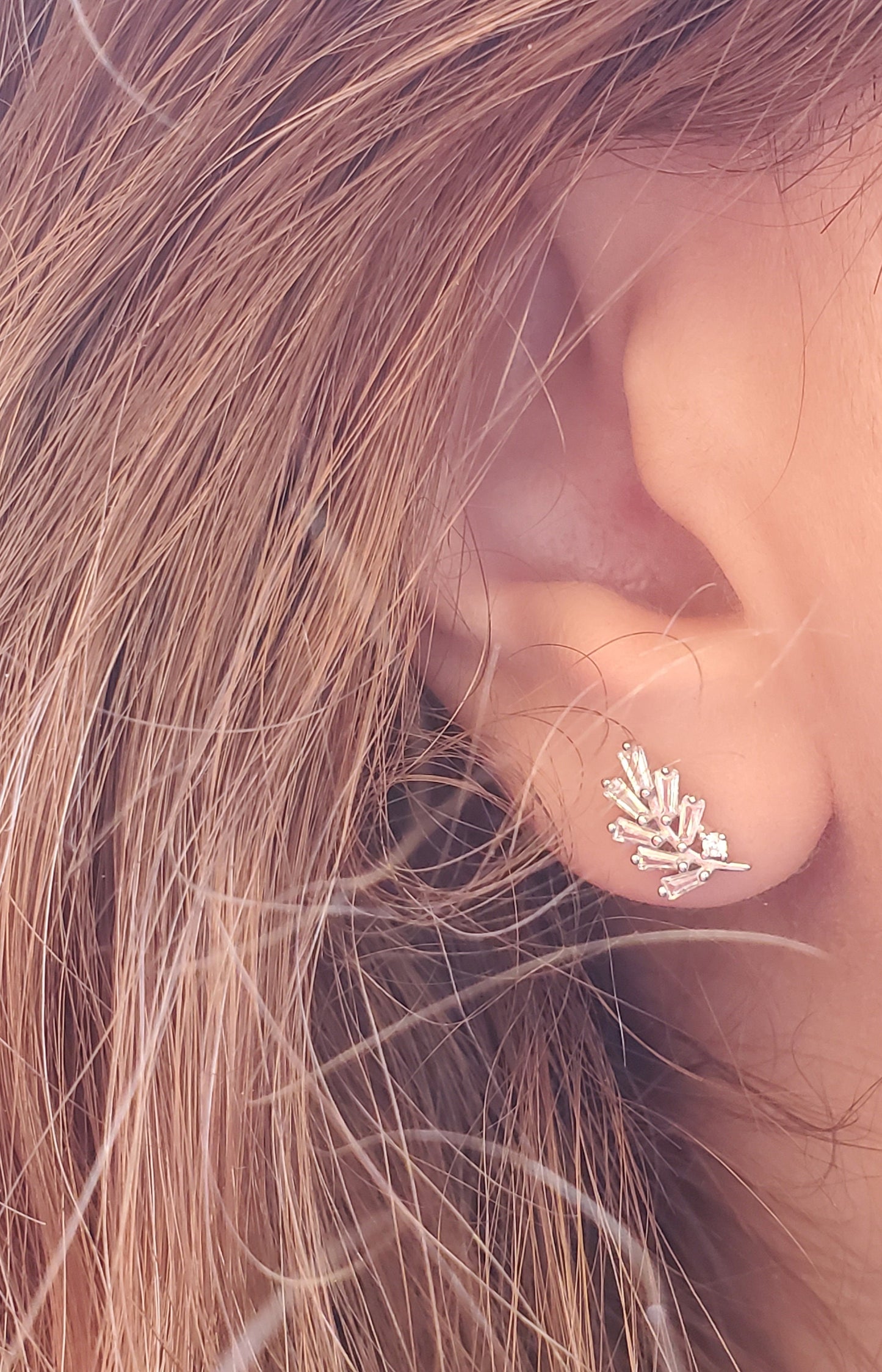 Baguette earrings, leaf earrings, stud earring, bridesmaid jewelry, engagement gift, silver earring, gift for her