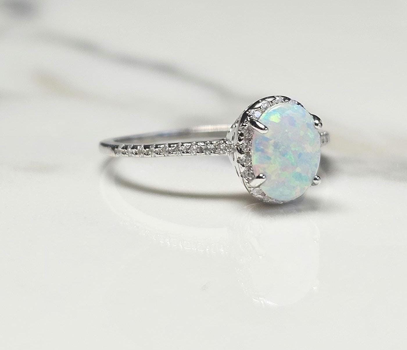 1ct oval opal stone, Oval Solitaire Synthetic Opal Ring, halo oval ring, engagement ring, halo ring, white opal ring, October birth stone