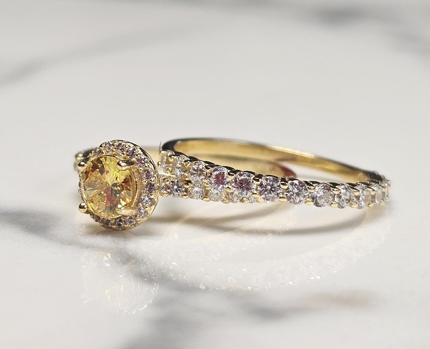 0.50ct round yellow stone ring, November birthstone ring, engagement ring, wedding set ring ,two piece, half eternity ring, citrine ring set