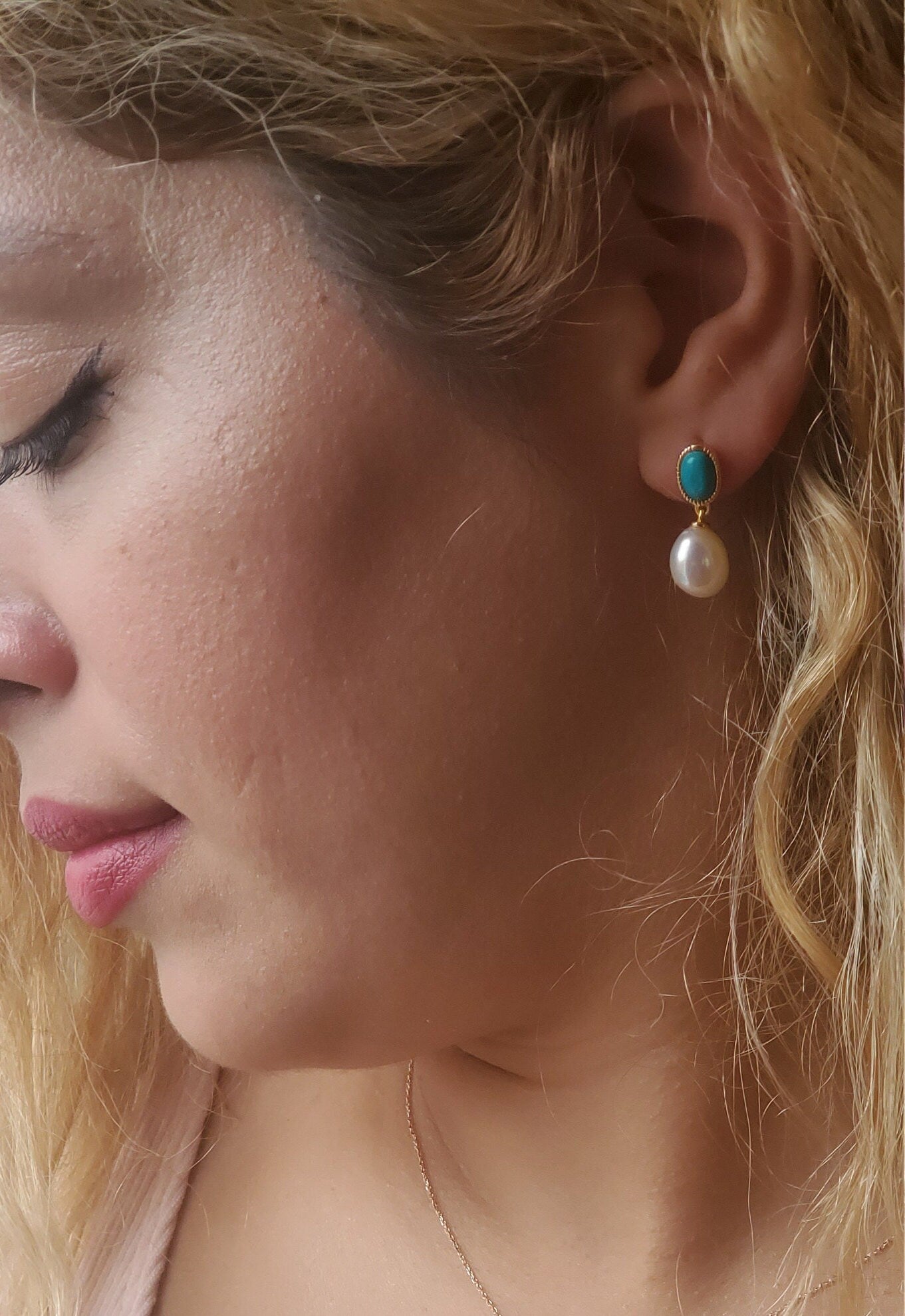 14K Gold Plated pearl and Turquoise earrings, anniversary gift, gemstone, turquoise earrings, stud earrings, 0.75ct Turquoise