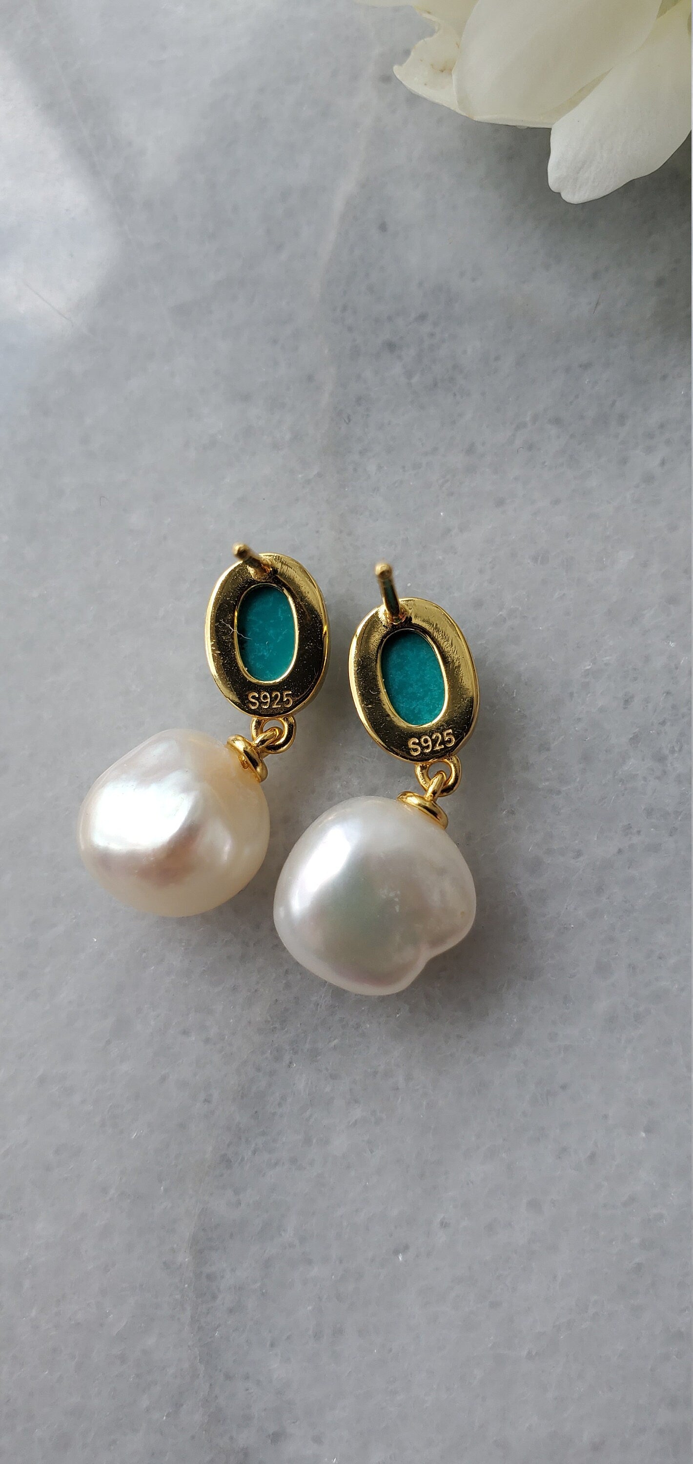 14K Gold Plated pearl and Turquoise earrings, anniversary gift, gemstone, turquoise earrings, stud earrings, 0.75ct Turquoise