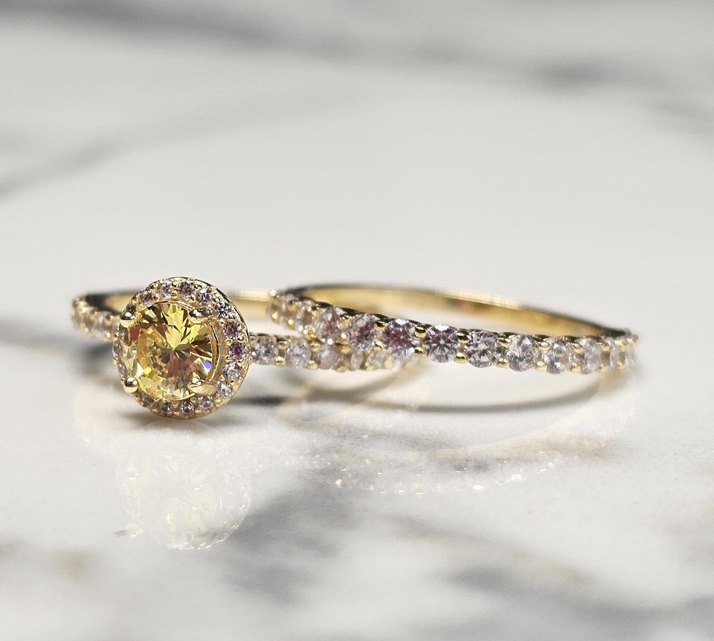 0.50ct round yellow stone ring, November birthstone ring, engagement ring, wedding set ring ,two piece, half eternity ring, citrine ring set