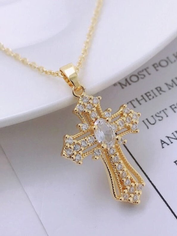 18K Gold Plated cross necklace, 925 Sterling Silver Cubic Zirconia White Cross ,Minimalist Lariat Necklace, necklace, gift