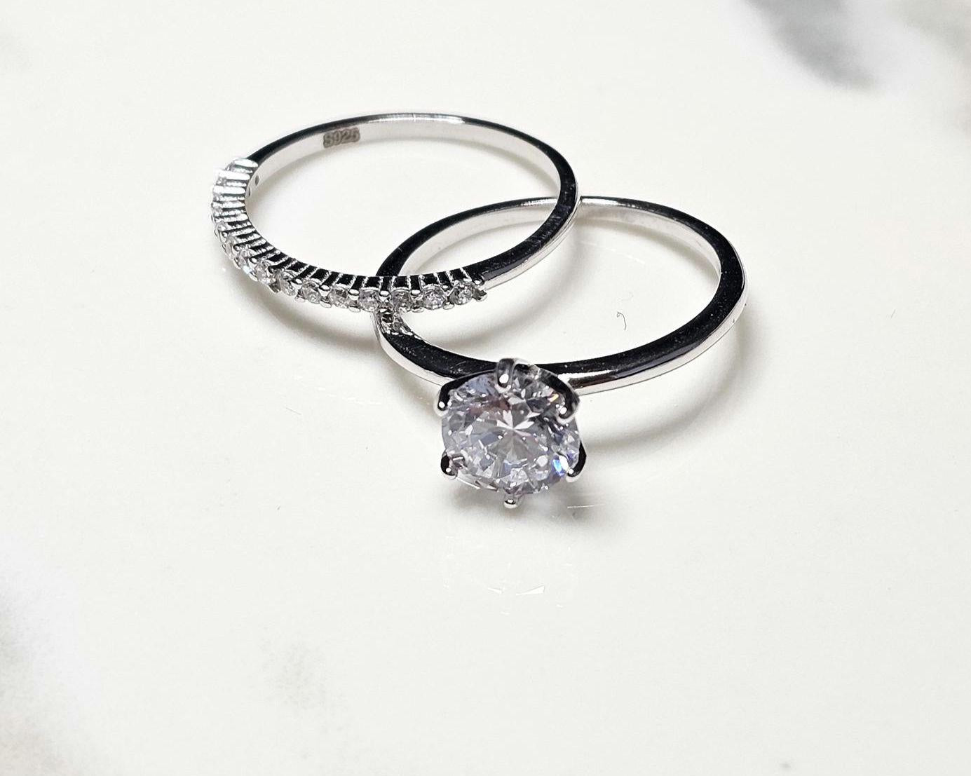 1.25ct round solitaire ring, engagement ring set, wedding set, classic bridal, Dainty stackable, two piece ring, half eternity ring