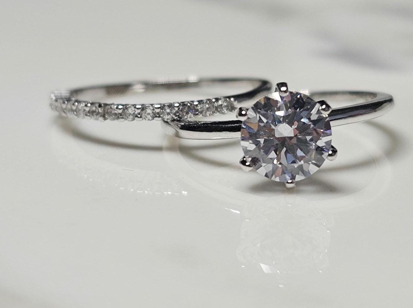 1.25ct round solitaire ring, engagement ring set, wedding set, classic bridal, Dainty stackable, two piece ring, half eternity ring