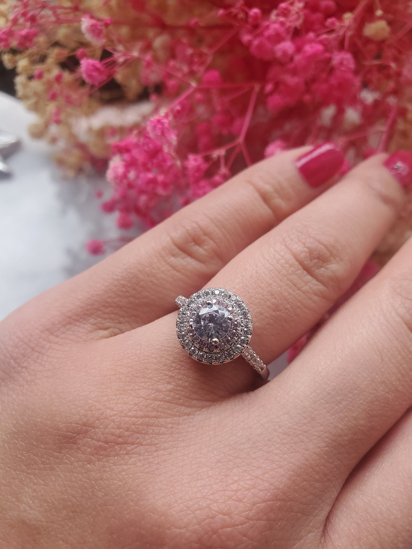 0.5 ct round ring, solitaire ring, engagement ring, stackable ring, 18k gold plated, 2rows halo pink tourmaline and cz ,fancy ring