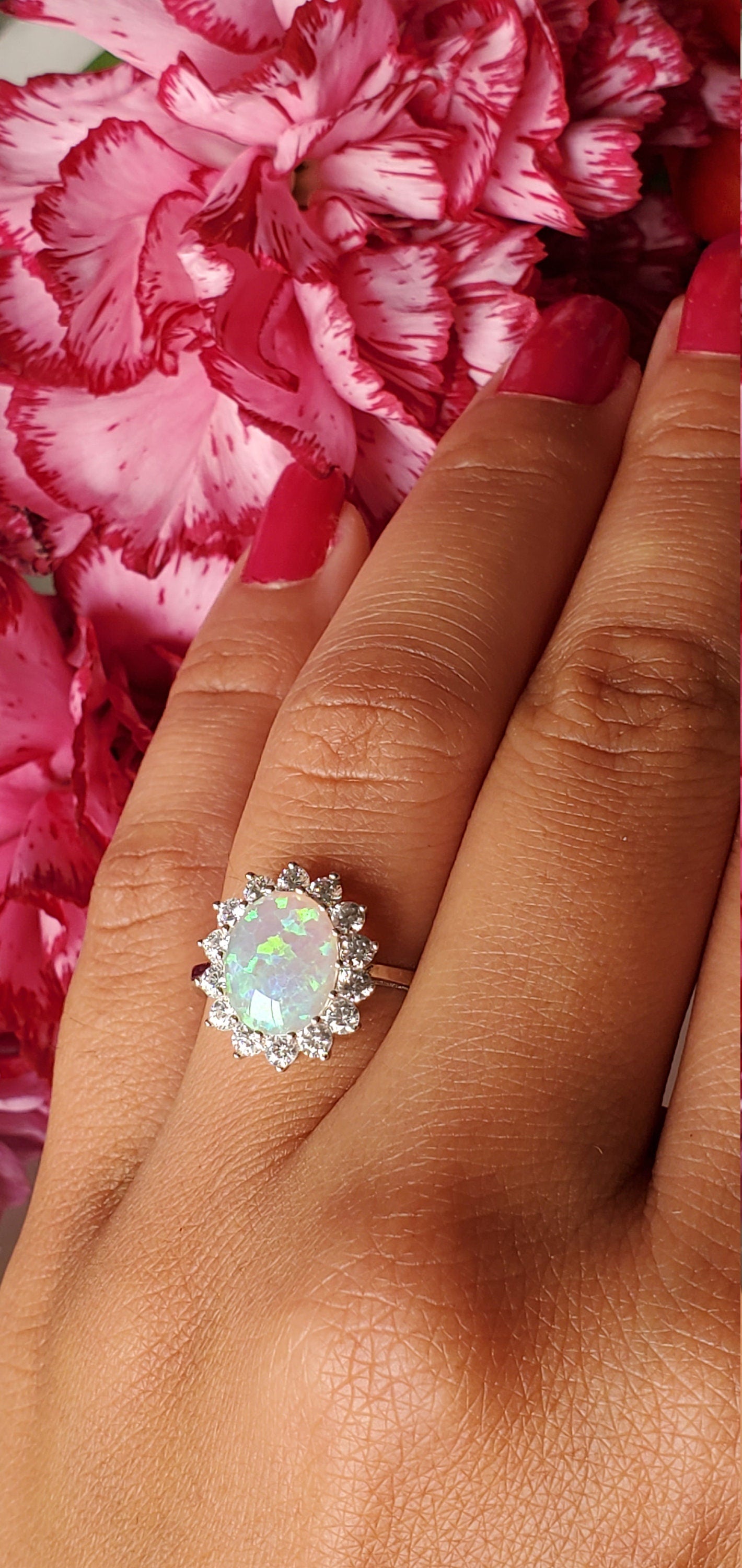 3ct oval Opal stone, opal ring, halo oval ring, opal silver ring, opal floral ring, opal engagement ring, october birthston ring