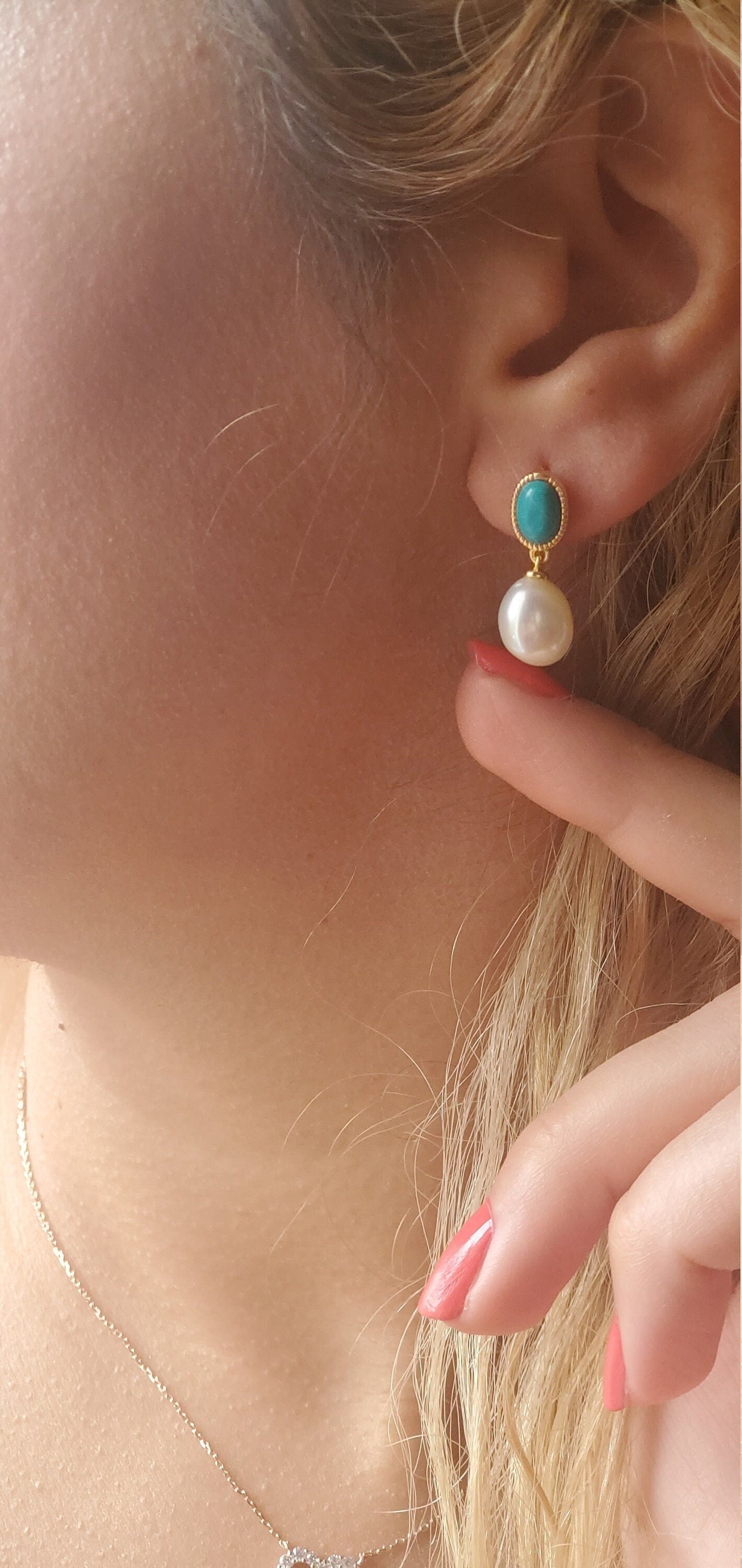14K Gold Plated pearl and Turquoise earrings, anniversary gift, gemstone, turquoise earrings, stud earrings, 0.75ct Turquoise