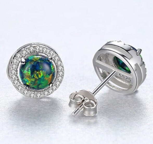 0.75 ct opal round stud earrings, Round white Opal, Stud halo Earrings, minimalist stud earring, October birthstone, opal earrings