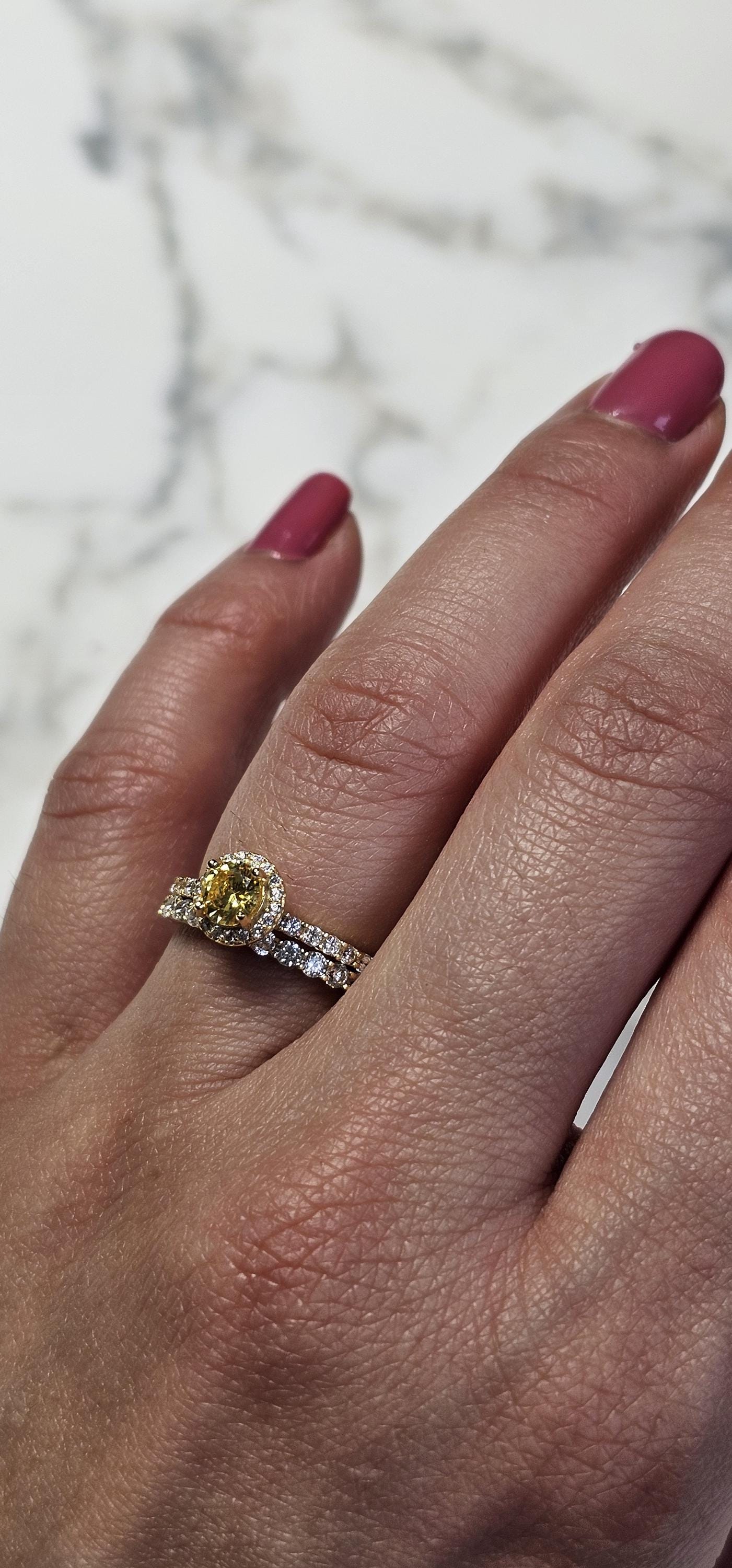 0.50ct round yellow stone ring, November birthstone ring, engagement ring, wedding set ring ,two piece, half eternity ring, citrine ring set