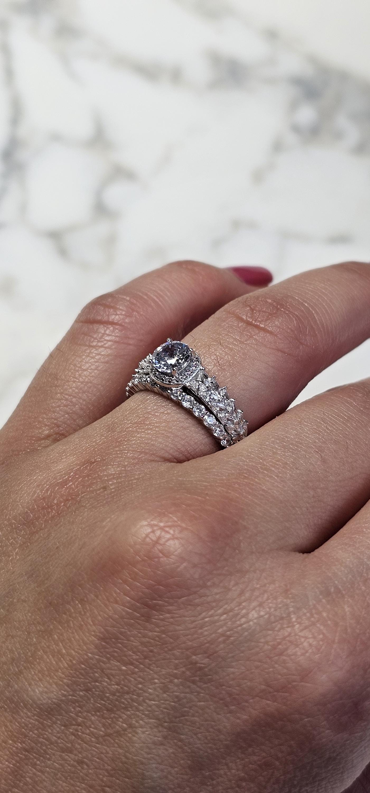 0.50ct round halo cz ring, marquise ring, Dainty stackable, engagement ring, wedding set ring ,two piece ring, half eternity ring