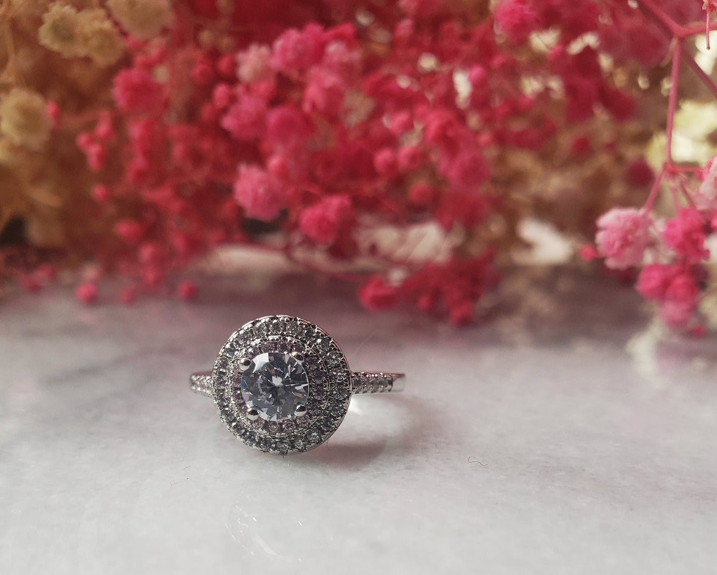 0.5 ct round ring, solitaire ring, engagement ring, stackable ring, 18k gold plated, 2rows halo pink tourmaline and cz ,fancy ring