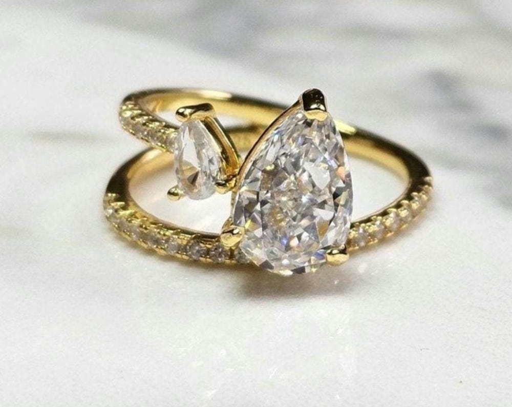 2ct pear ring, double stone ring, minimalist band ring