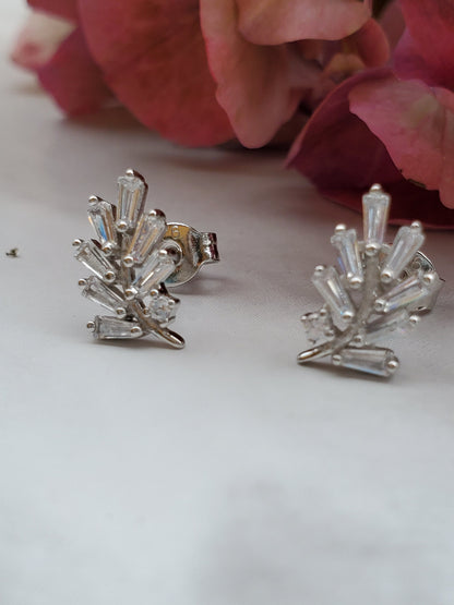 Baguette earrings, leaf earrings, stud earring, bridesmaid jewelry, engagement gift, silver earring, gift for her
