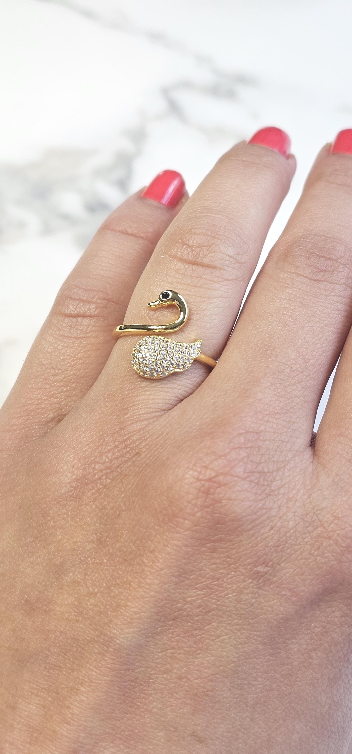 18k gold swan minimalist band ring, 925 sterling silver cubic zirconia ring, gold swam, 18K Gold Plated, Anniversary Gift, Teen Girl gift