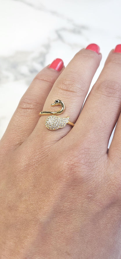 18k gold swan minimalist band ring, 925 sterling silver cubic zirconia ring, gold swam, 18K Gold Plated, Anniversary Gift, Teen Girl gift
