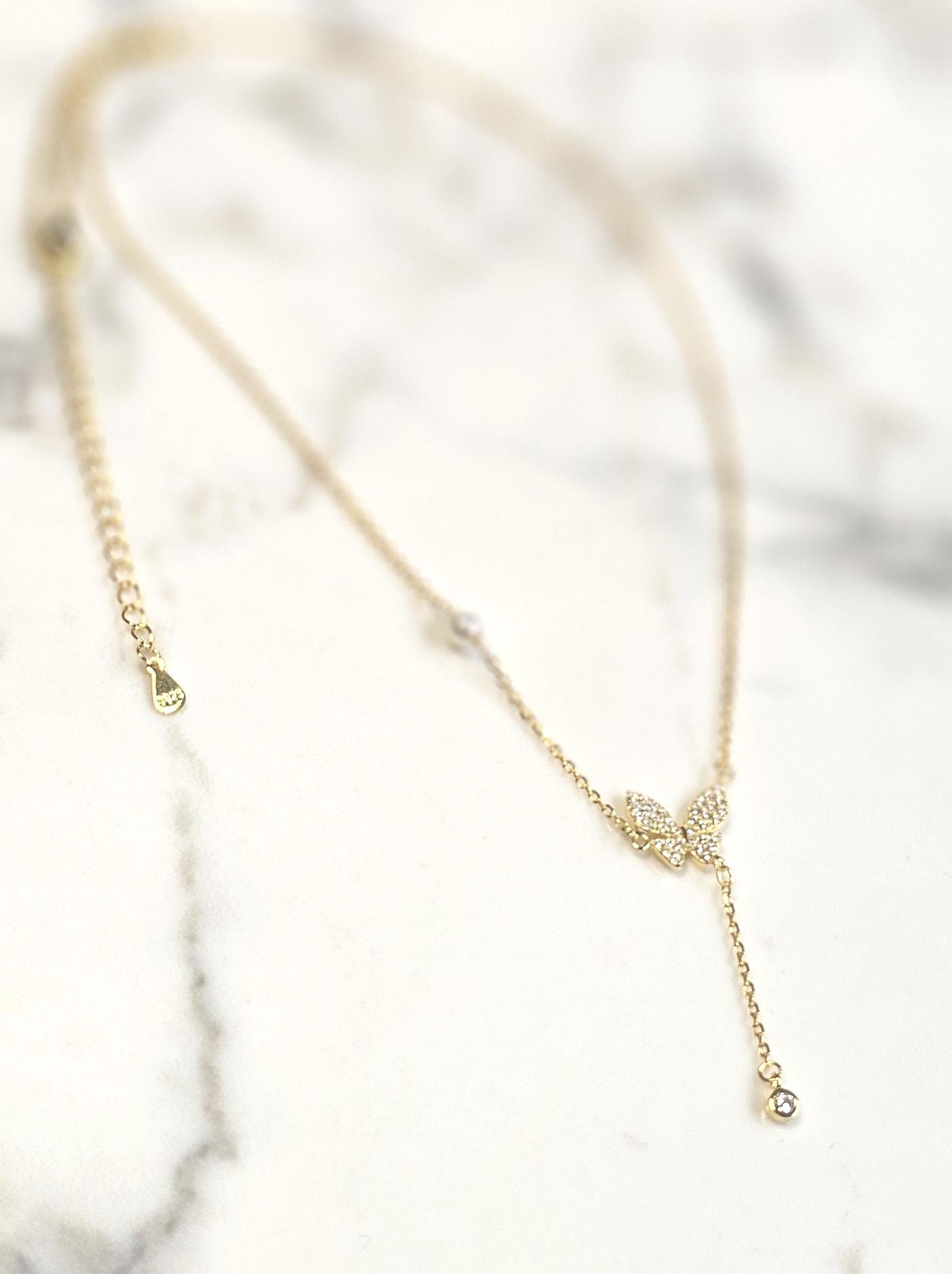 butterfly minimalist lariat necklace ,18k yellow gold necklace, anniversary gift, dainty necklace