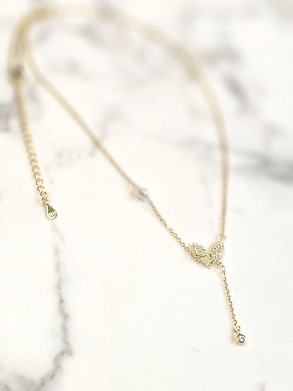 butterfly minimalist lariat necklace ,18k yellow gold necklace, anniversary gift, dainty necklace