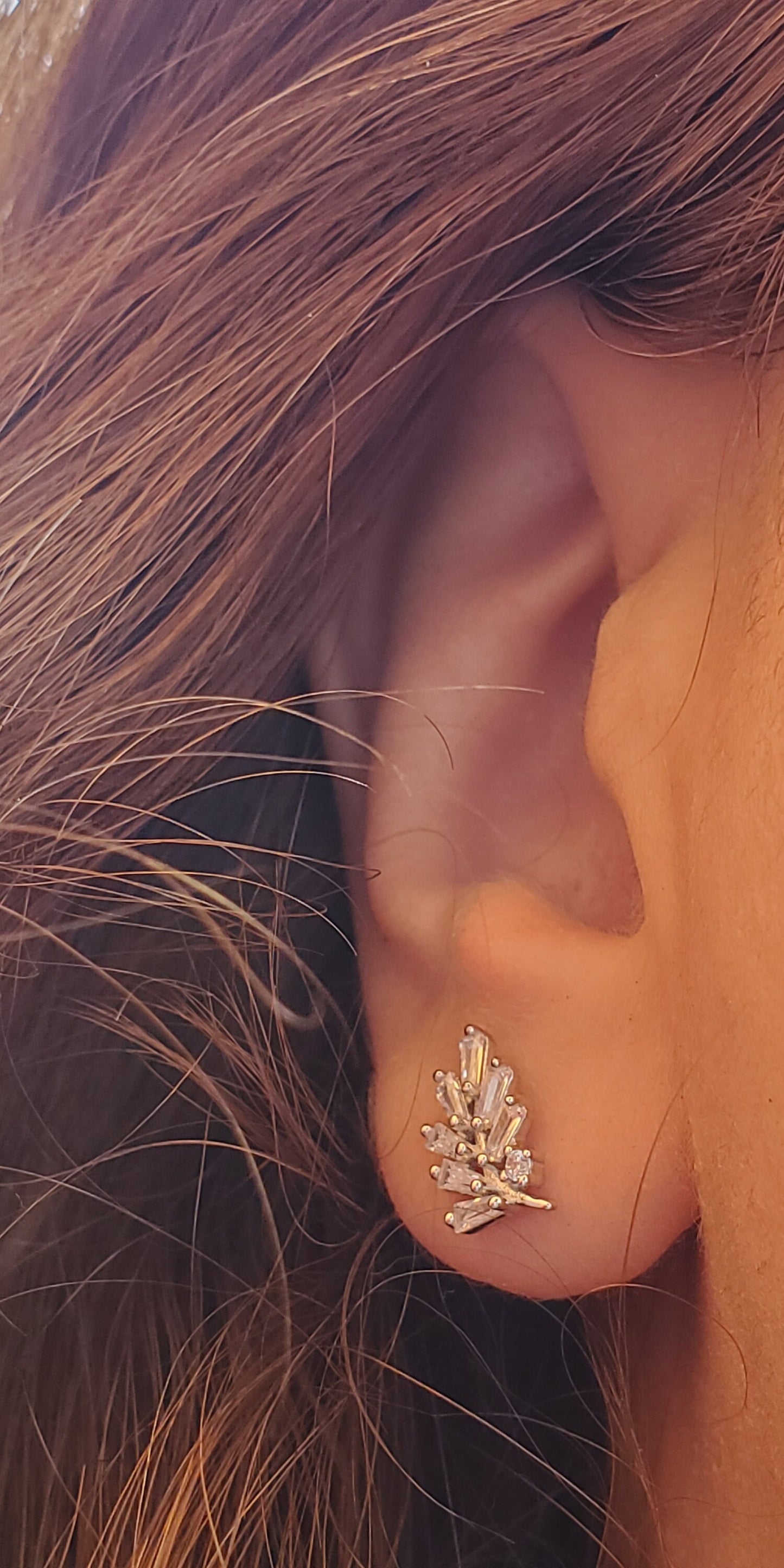 Baguette earrings, leaf earrings, stud earring, bridesmaid jewelry, engagement gift, silver earring, gift for her