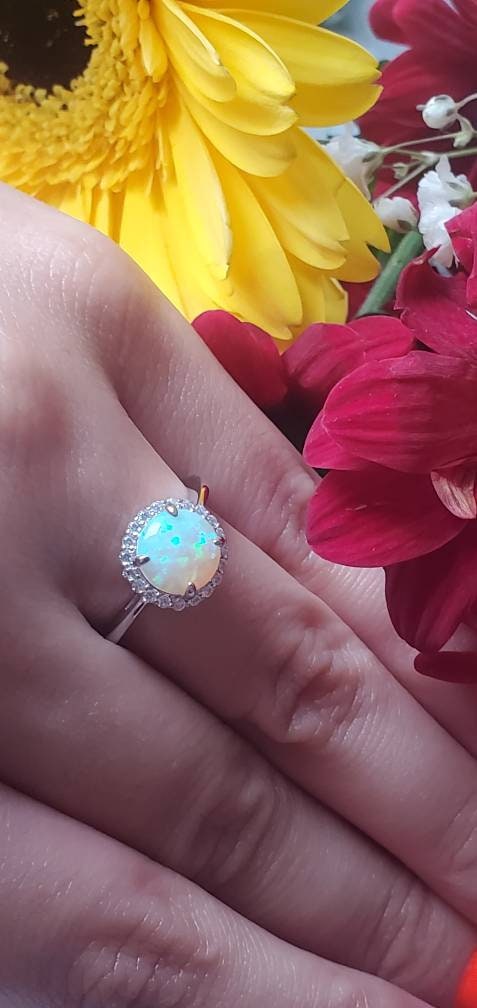 2ct round white Opal Ring ,white opal, halo ring, Anniversary ring, Present Future Ring, cz wedding ring, gift for her, engagement ring