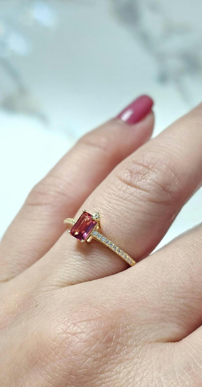 Emerald cut solitaire engagement ring, 1.5ct Rectangle cut ruby ring, July birthstone ring, half eternity ring, gold plated ring