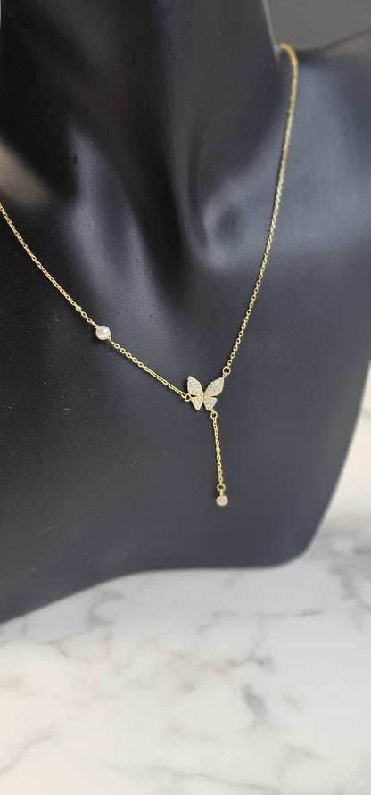 butterfly minimalist lariat necklace ,18k yellow gold necklace, anniversary gift, dainty necklace