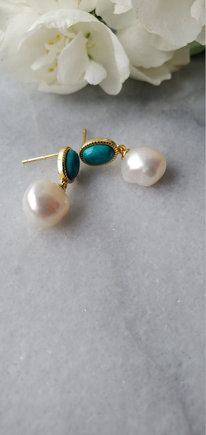 14K Gold Plated pearl and Turquoise earrings, anniversary gift, gemstone, turquoise earrings, stud earrings, 0.75ct Turquoise
