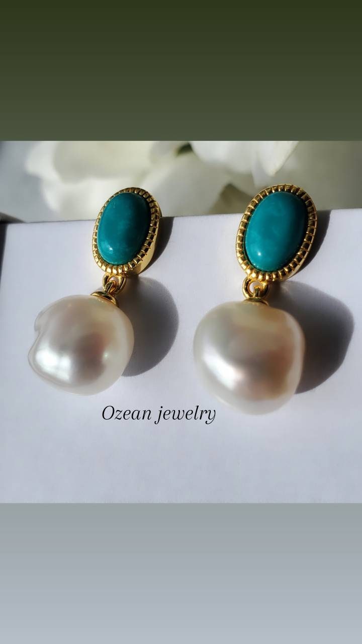 14K Gold Plated pearl and Turquoise earrings, anniversary gift, gemstone, turquoise earrings, stud earrings, 0.75ct Turquoise