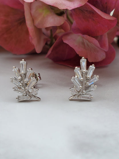 Baguette earrings, leaf earrings, stud earring, bridesmaid jewelry, engagement gift, silver earring, gift for her