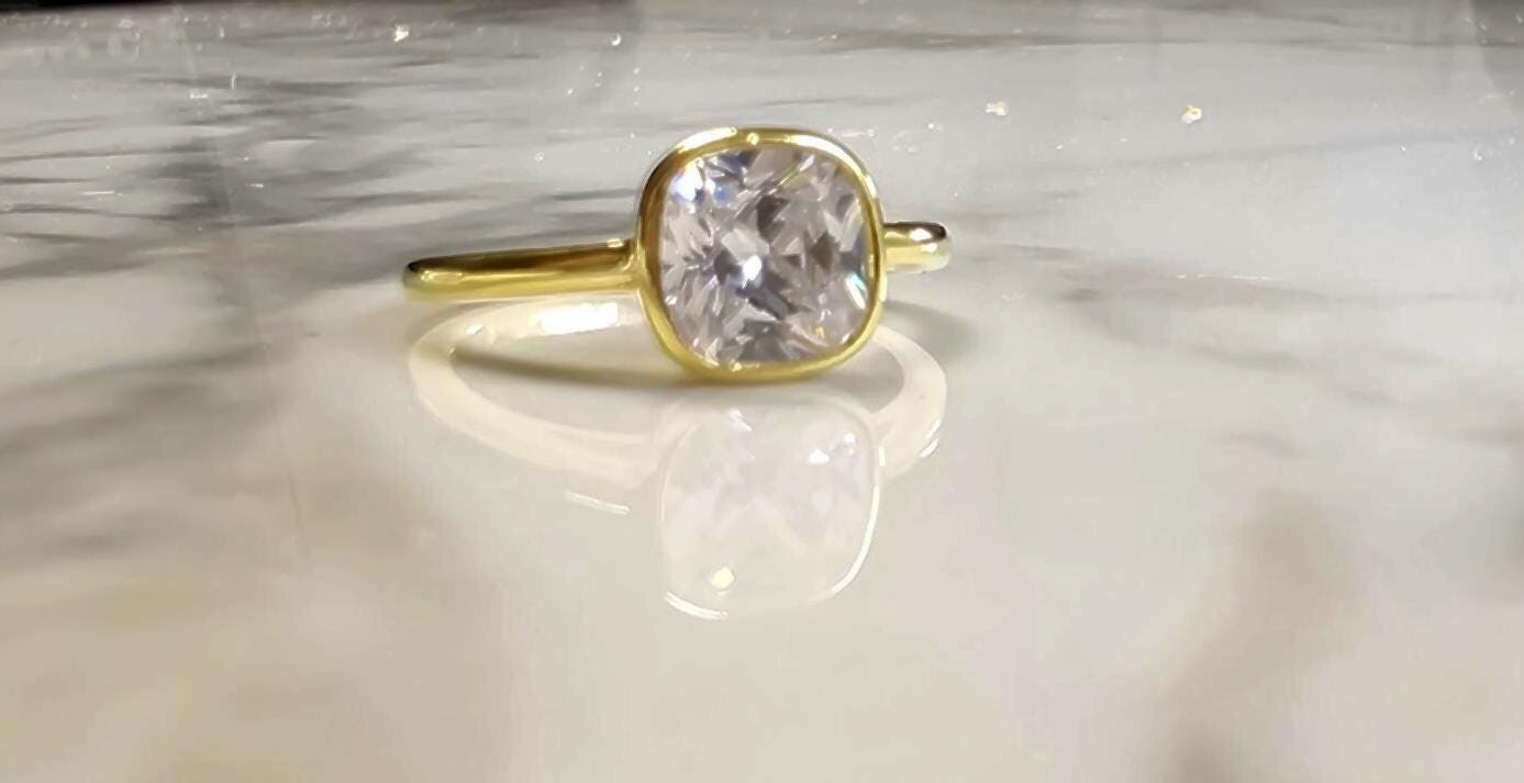 2ct cushion cut ring, 925 sterling silver high carbon diamond white solitaire ring, minimalist band ring, engagement ring, bezel ring