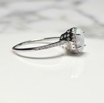 1ct oval opal stone, Oval Solitaire Synthetic Opal Ring, halo oval ring, engagement ring, halo ring, white opal ring, October birth stone