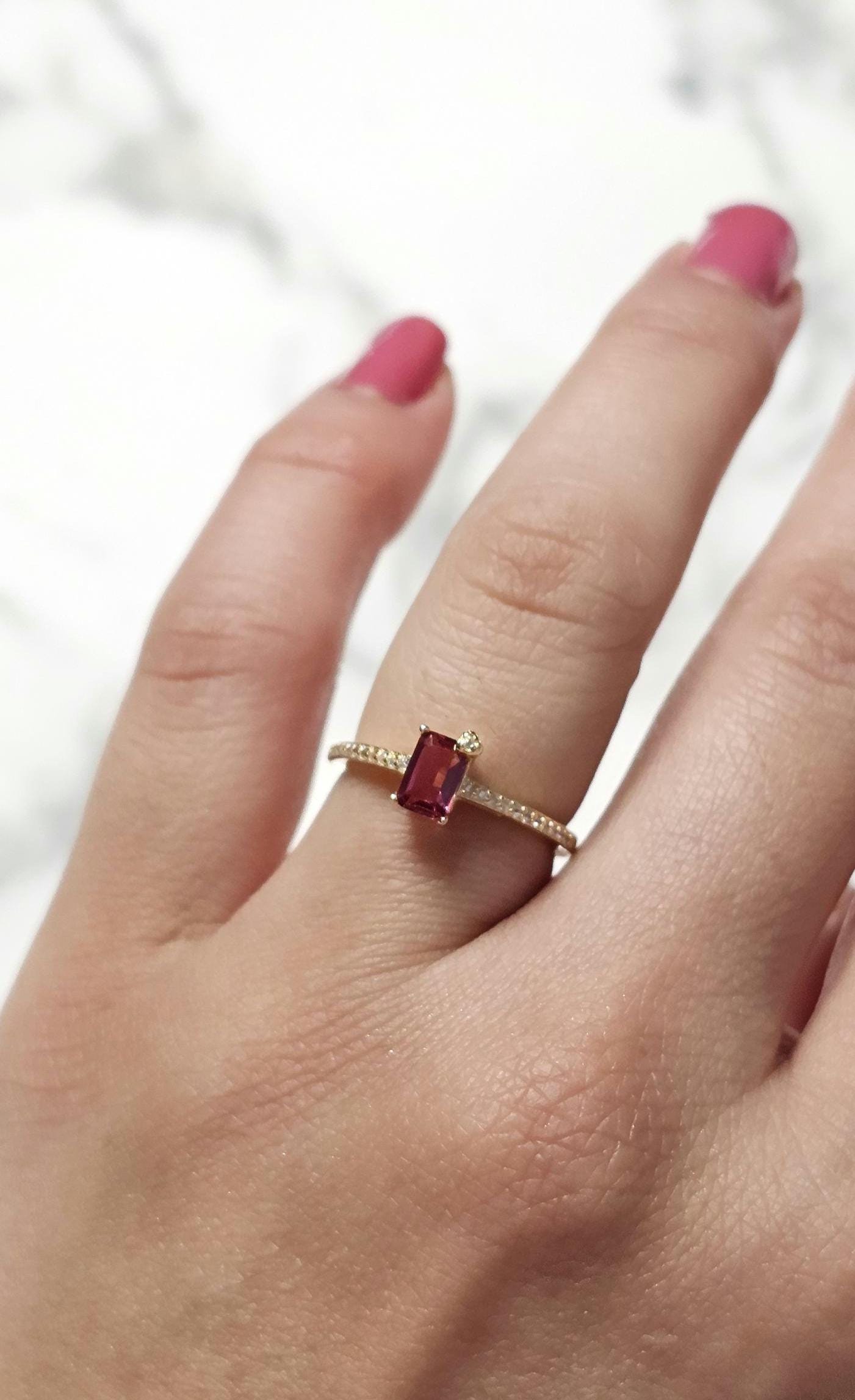 Emerald cut solitaire engagement ring, 1.5ct Rectangle cut ruby ring, July birthstone ring, half eternity ring, gold plated ring