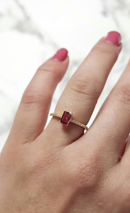 Emerald cut solitaire engagement ring, 1.5ct Rectangle cut ruby ring, July birthstone ring, half eternity ring, gold plated ring