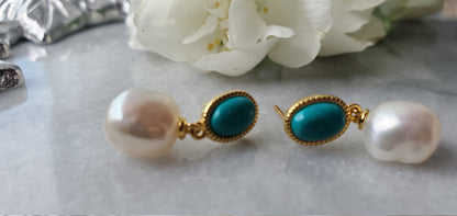 14K Gold Plated pearl and Turquoise earrings, anniversary gift, gemstone, turquoise earrings, stud earrings, 0.75ct Turquoise