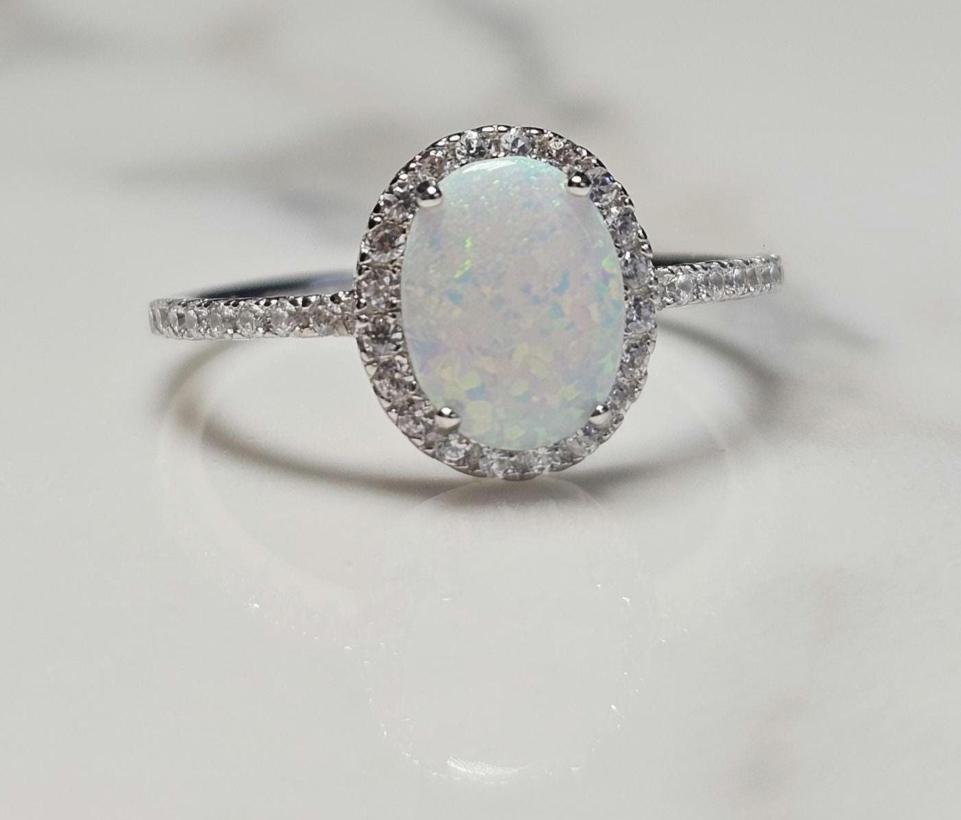 2ct oval opal stone, Oval Solitaire Synthetic Opal Ring, halo oval ring, engagement ring, halo ring, white opal ring, October birth stone