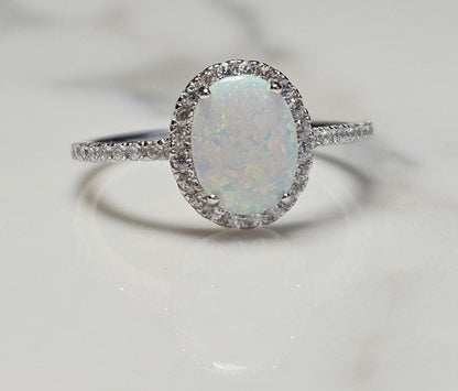 2ct oval opal stone, Oval Solitaire Synthetic Opal Ring, halo oval ring, engagement ring, halo ring, white opal ring, October birth stone