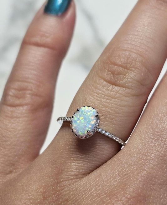 1ct oval opal stone, Oval Solitaire Synthetic Opal Ring, halo oval ring, engagement ring, halo ring, white opal ring, October birth stone