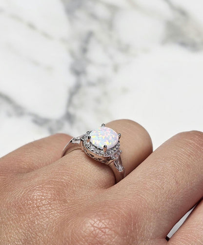 3ct white fire opal and 2 baguette cz ring, Halo Ring with Synthetic Oval Opal, opal engagement ring, oval stone, halo ring, white opal ring