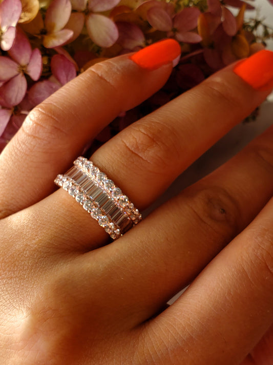 3 row wedding band, Baguette and round band, rose gold wedding band plated, simulated diamond wedding band,wedding jewelry, baguette round