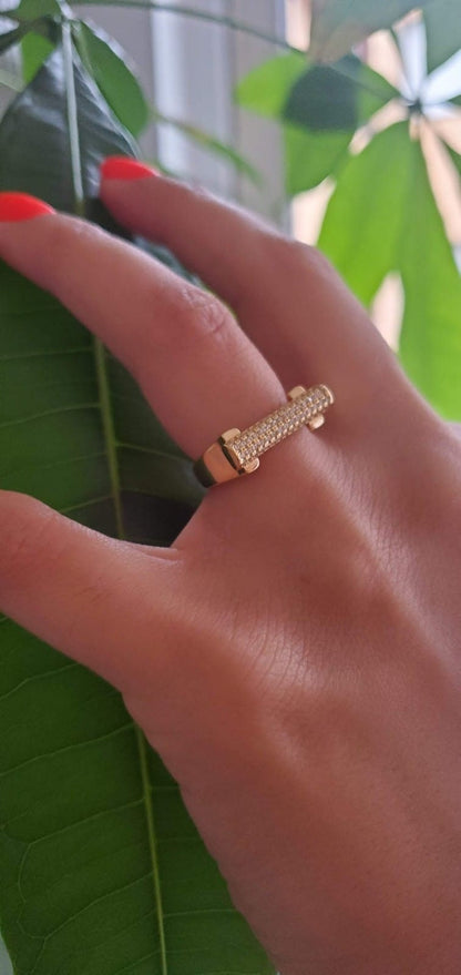18K Gold Plated bar ring, pave ring, 925 Sterling Silver, Letter ring, Cocktail Ring, anniversary gift, minimalist, engagement ring