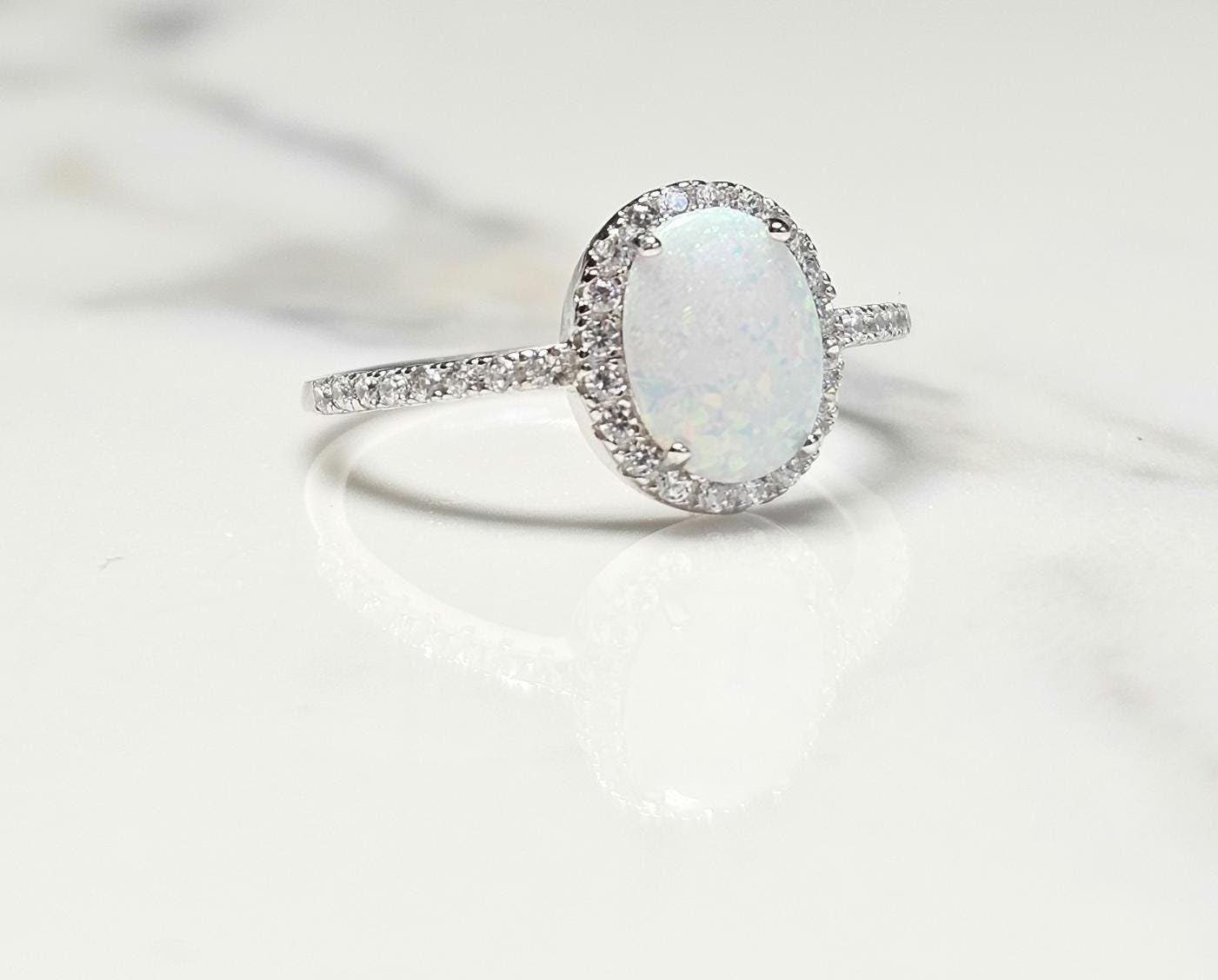 2ct oval opal stone, Oval Solitaire Synthetic Opal Ring, halo oval ring, engagement ring, halo ring, white opal ring, October birth stone