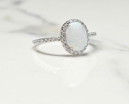 2ct oval opal stone, Oval Solitaire Synthetic Opal Ring, halo oval ring, engagement ring, halo ring, white opal ring, October birth stone