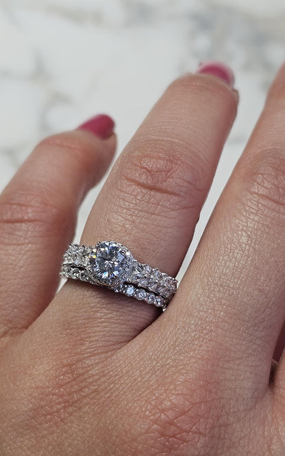 0.50ct round halo cz ring, marquise ring, Dainty stackable, engagement ring, wedding set ring ,two piece ring, half eternity ring