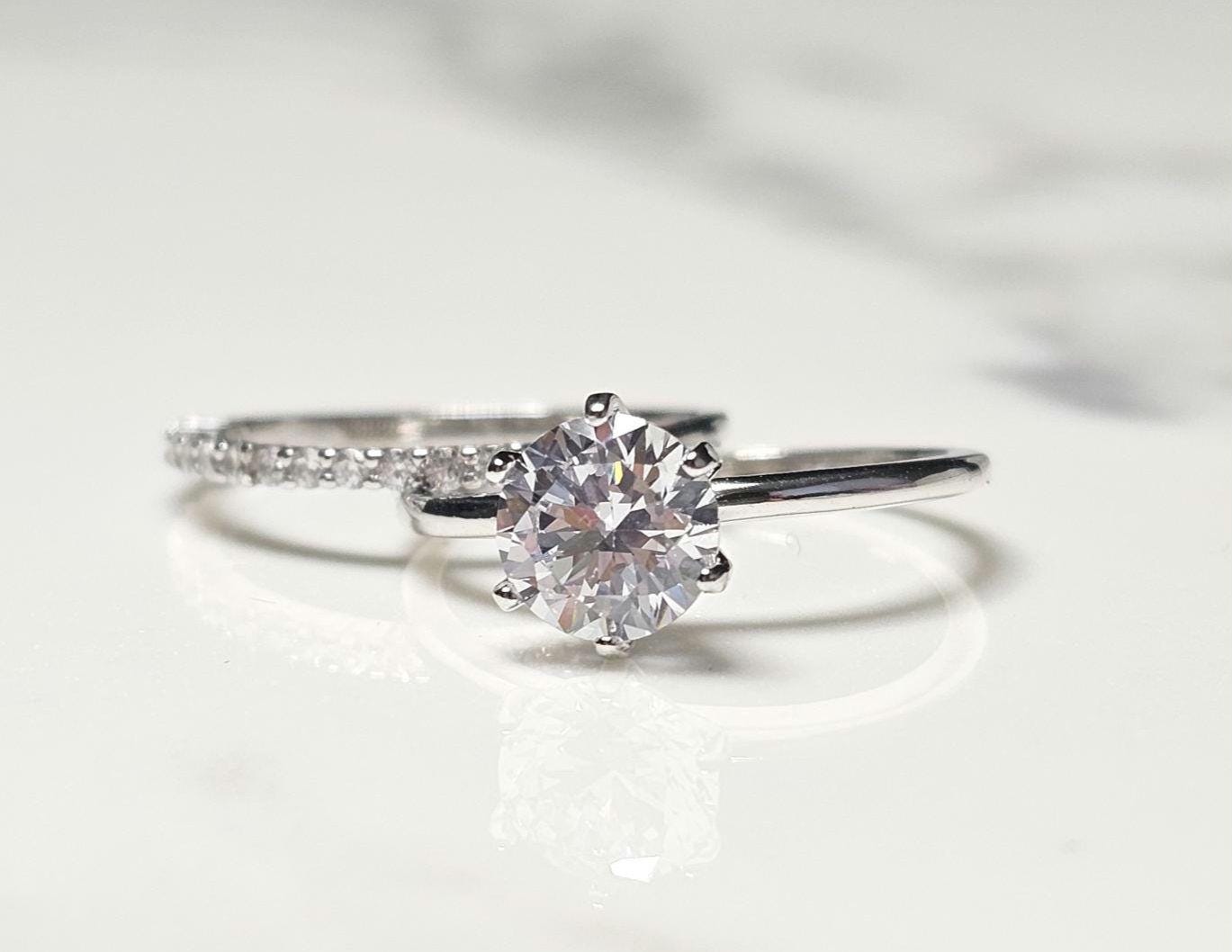 1.25ct round solitaire ring, engagement ring set, wedding set, classic bridal, Dainty stackable, two piece ring, half eternity ring