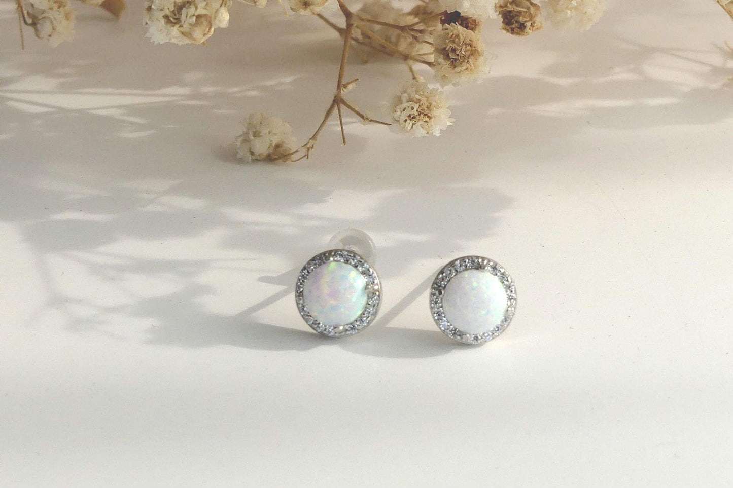 0.75 ct opal round stud earrings, Round white Opal, Stud halo Earrings, minimalist stud earring, October birthstone, opal earrings